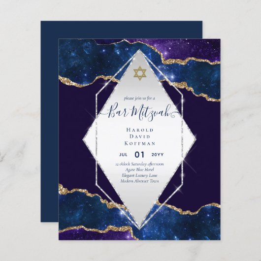 Papier Galaxy Starry Night BAR MITZVAH Invitations Bleu (Devant / Derrière)