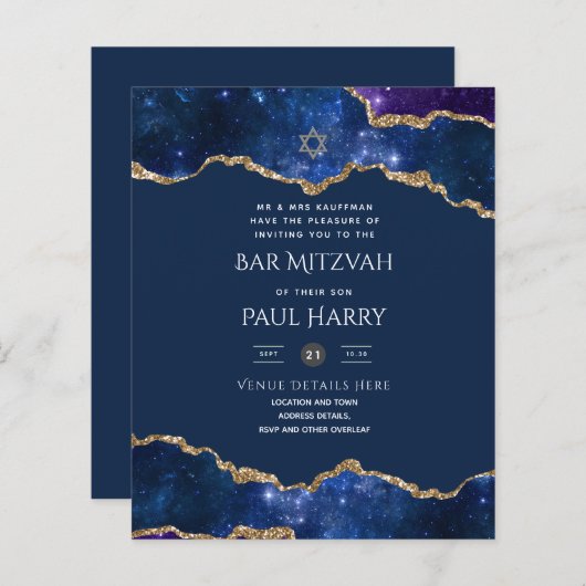 Papier Galaxy Starry Night BAR MITZVAH Invitations Marine (Devant / Derrière)