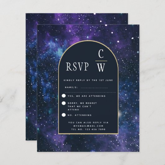Papier Galaxy Starry Nuit Violet Bleu Or Mariage RSVP (Devant / Derrière)