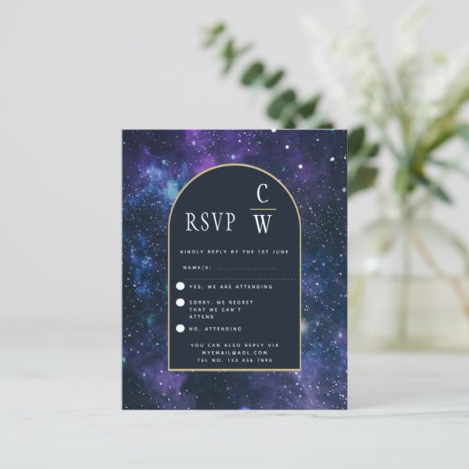 Papier Galaxy Starry Nuit Violet Bleu Or Mariage RSVP (Debout devant)