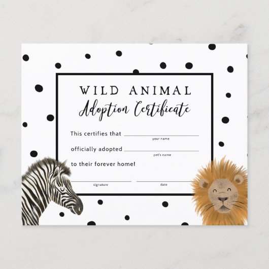 Papier Garçon Safari Anniversaire Certificat d'adoption (Devant)