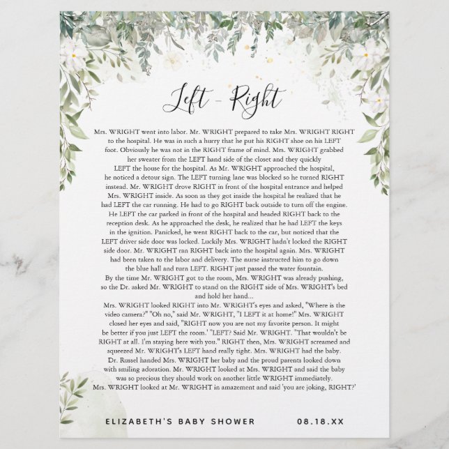 Papier Gauche - droite | Jeu Baby shower (Devant)