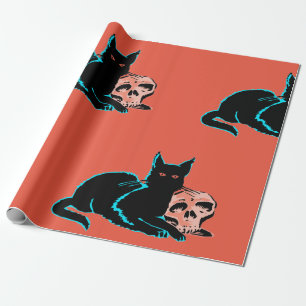 Papier, GEANIMAEERD, ZWARTE KAT, MET SKULL Cadeaupapier