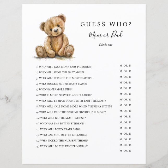 Papier Gender Neutral Teddy Bear Baby Shower Game (Devant)