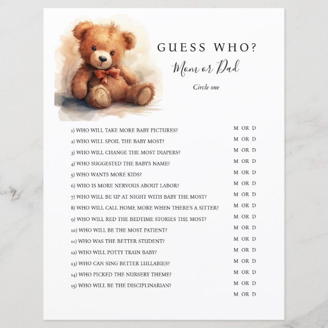 Papier Gender Neutral Teddy Bear Baby Shower Game (Devant)