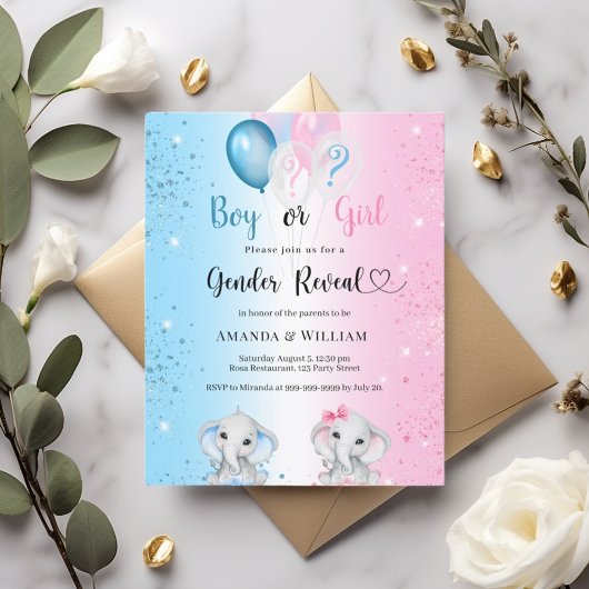 Papier Gender reveal blue pink elephants invitation