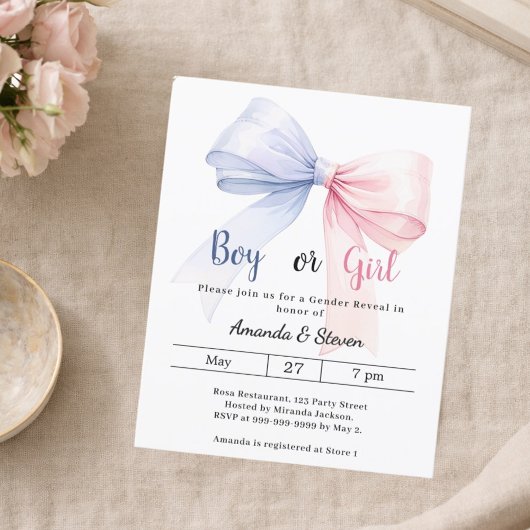 Papier Gender reveal pink blue bow boy girl invitation