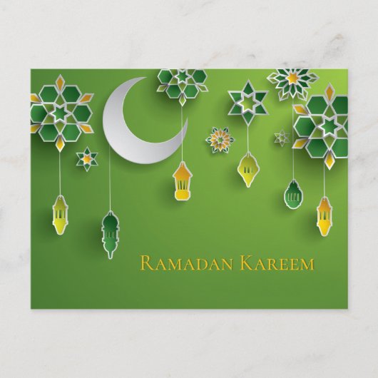 Papier gesneden ramadan lantaarns, maan, bloemen, briefkaart (Voorkant)