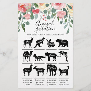 Papier Gestation animale avec réponses Baby shower Jeu