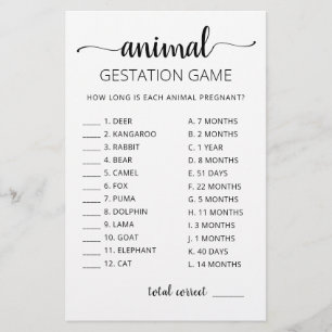 Papier Gestation animale avec réponses Baby shower Jeu