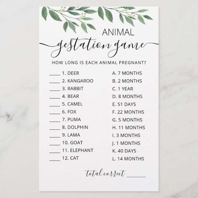 Papier Gestation animale avec réponses Baby shower Jeu (Devant)