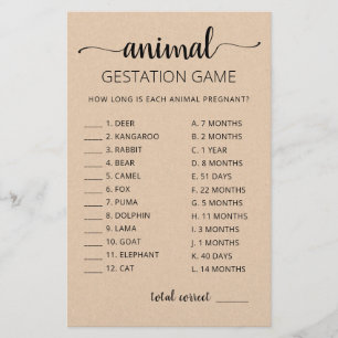 Papier Gestation animale avec réponses Baby shower Jeu