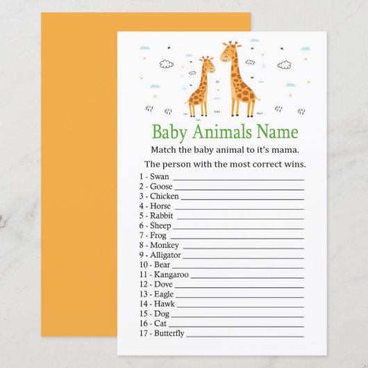 Papier Giraffe Baby Animaux Nom Jeu (Devant / Derrière)