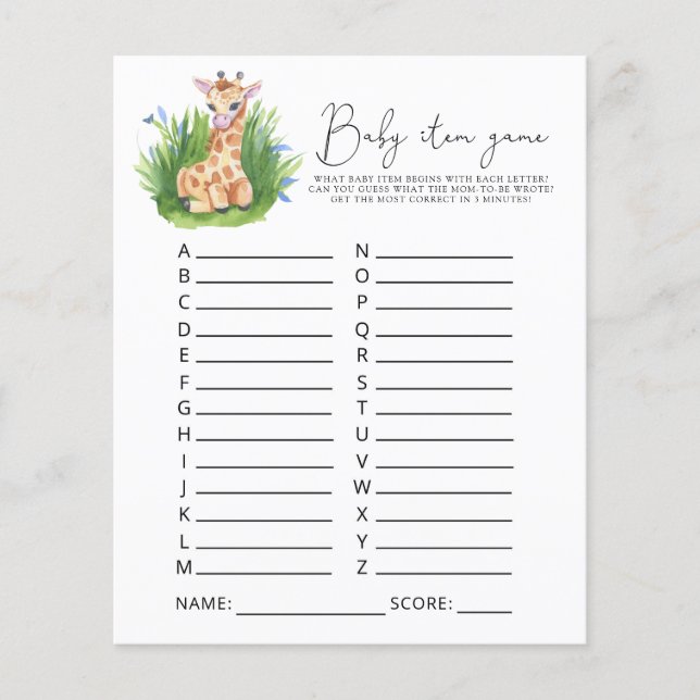 Papier Giraffe Baby Item Jeu. Jeu baby shower (Devant)