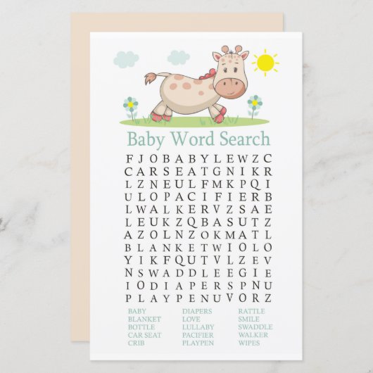 Papier Giraffe Baby shower Word Recherche Jeu (Devant / Derrière)