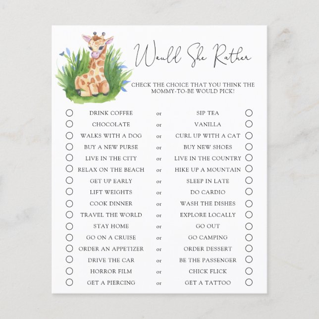 Papier Giraffe / Voudrait-Elle Plaire Baby shower Jeu (Devant)