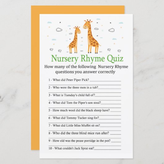 Papier Giraffy Nursery Rhyme jeu de baby shower (Devant / Derrière)