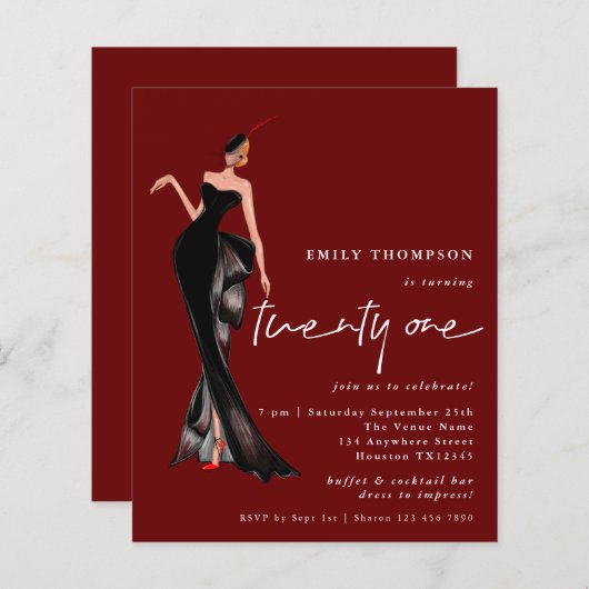 Papier Glam Lady Invitation tendance Script 21e Fête de B (Devant / Derrière)