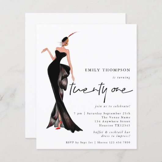 Papier Glam Lady Invitation tendance Script 21ème anniver (Devant / Derrière)