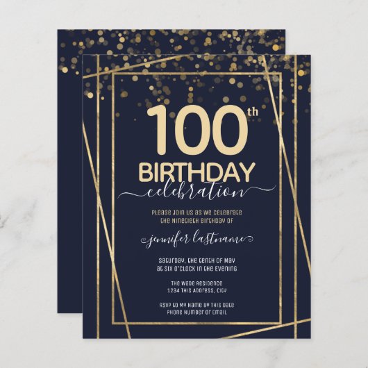 Papier Gold 100e Anniversaire Invitation budgétaire (Devant / Derrière)
