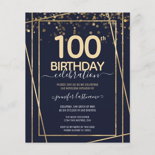 Papier Gold 100e Anniversaire Invitation budgétaire (Devant)