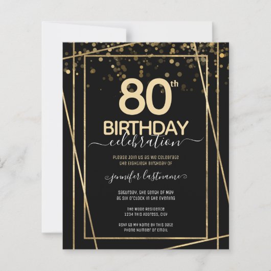 Papier Gold Black 80e Anniversaire de fête Invitation bud (Devant)