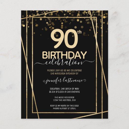 Papier Gold Black 90e Anniversaire de fête Invitation bud (Devant)