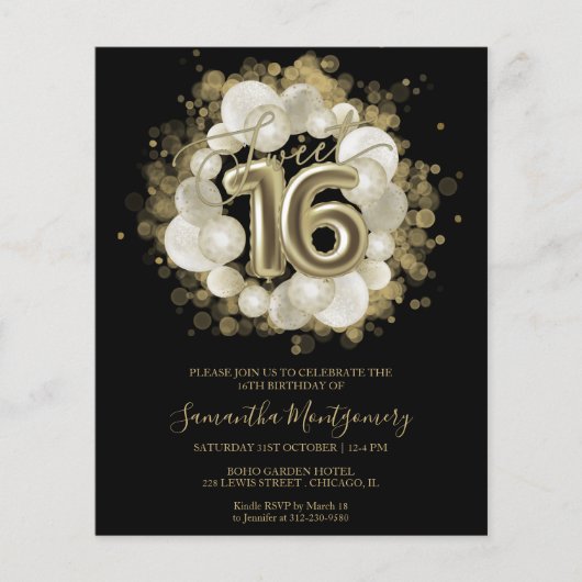 Papier Gold Black Sweet 16 Invitations Budget (Devant)
