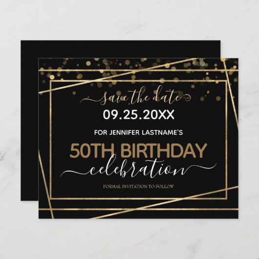 Papier Gold Border 50th Birthday Enregistrer la date Budg (Devant / Derrière)