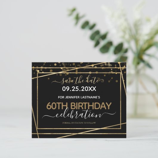 Papier Gold Border 60th Birthday Enregistrer la date Budg (Debout devant)