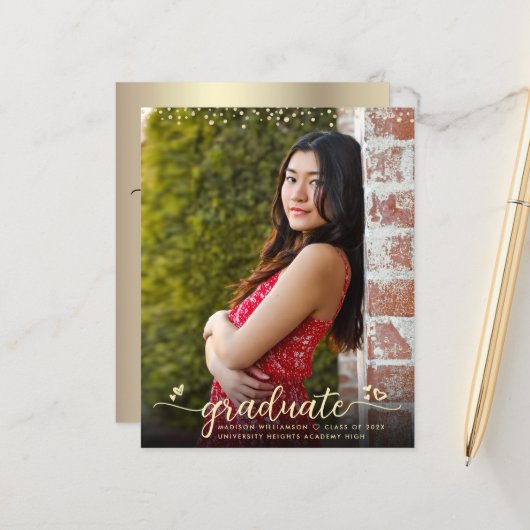 Papier Gold Budget Photo Graduation Script Coeurs Invitat (Devant/Arrière en situation)