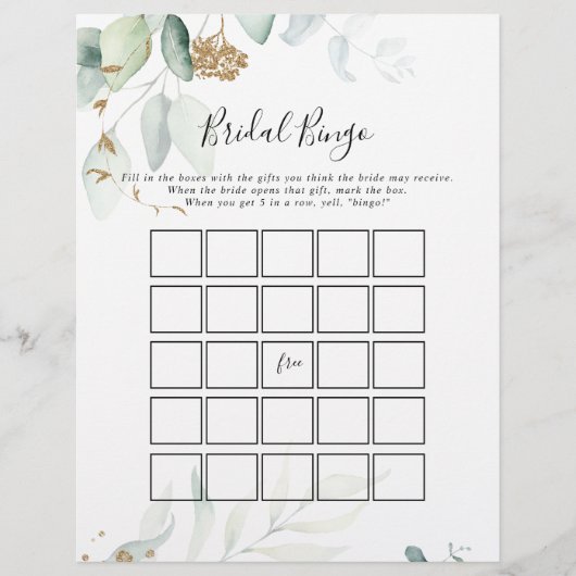 Papier Gold Eucalyptus Calligraphy Bride Bingo Jeu (Devant)