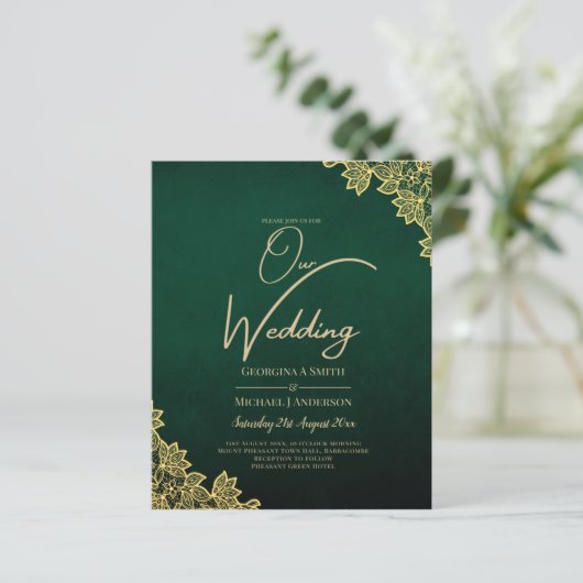 Papier Gold Lace Emerald Green All-in-1 Wedding Invitatio (Debout devant)