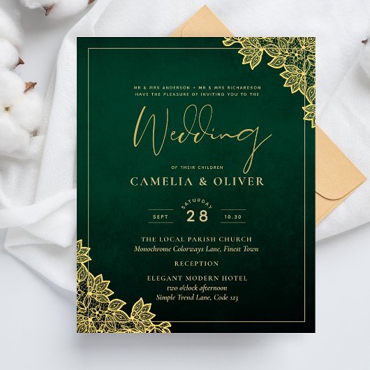 Papier Gold Lace Emerald Green All-in-1 Wedding Invitatio