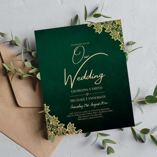Papier Gold Lace Emerald Green All-in-1 Wedding Invitatio