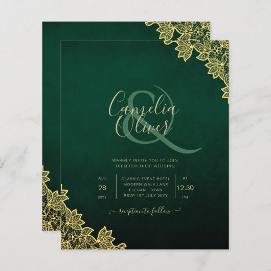 Papier Gold Lace Emerald Green All-in-1 Wedding Invitatio (Devant / Derrière)