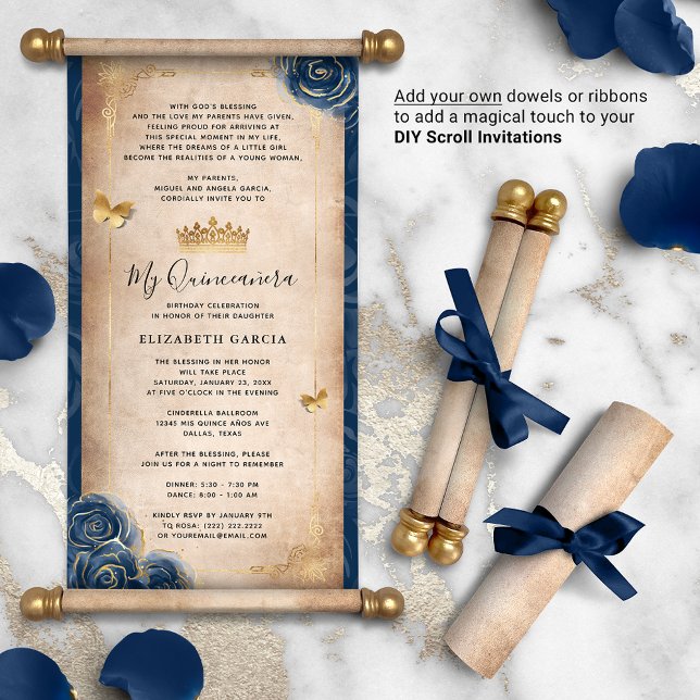 Papier Gold Navy Quinceanera bleu do-it-yourself Scroll I (DIY scrolls do not come with dowels. Add your own or roll up with a ribbon for an elegant touch!)