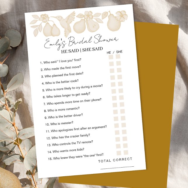 Papier Gold Perfect Pear Fête des mariées Il A Dit Qu'Ell (He said / She said)