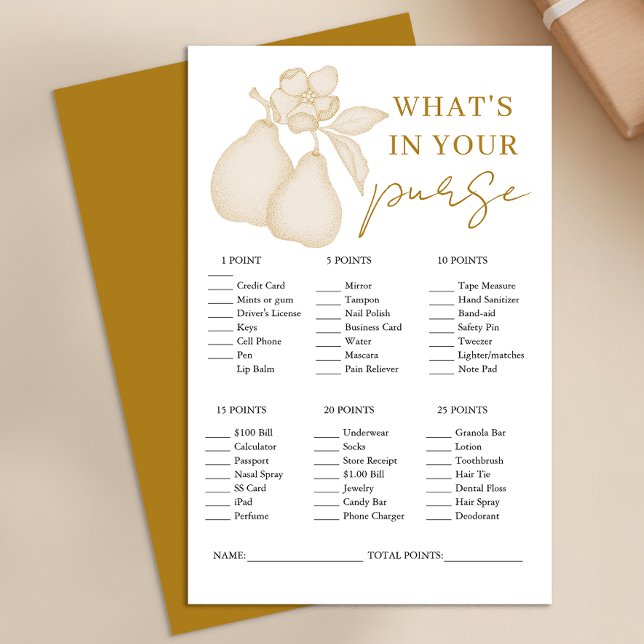 Papier Gold Perfect Pear Fête des mariées Jeu (What's in your purse - Bridal shower game)