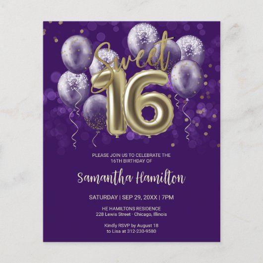 Papier Gold Sweet 16 Ballons Purple Budge Invitation (Devant)