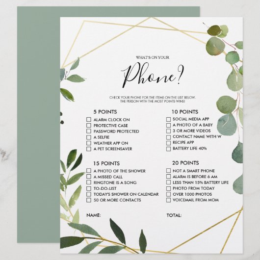 Papier Gold What's on your Phone Fête des mariées Game (Devant / Derrière)
