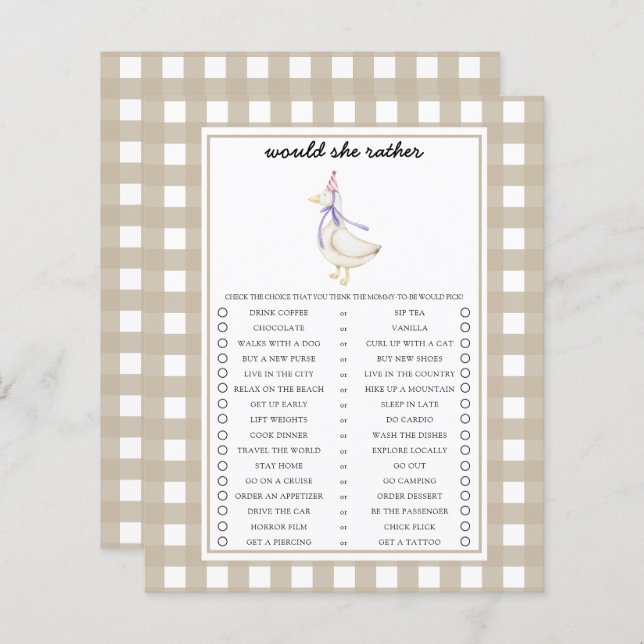 Papier Goose Voudrait-Elle Plutôt Baby shower Jeu (Devant / Derrière)