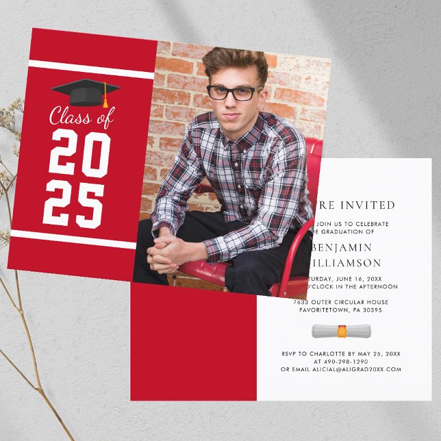 Papier Graduation 2025 Photo Red White Party Invitation (Graduation 2025 Red White Party Invitation)