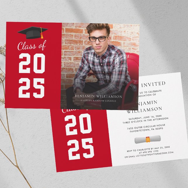 Papier Graduation 2025 Photo Red White Party Invitation (Graduation 2025 Party Red White Elegant Invitation)