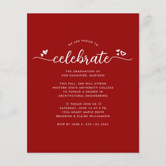 Papier Graduation Budget Rouge 4 Script photo Invitation (Dos)