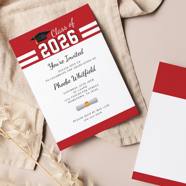 Papier Graduation Moderne Rouge blanc blanc 2025 Invitati (Créateur téléchargé)