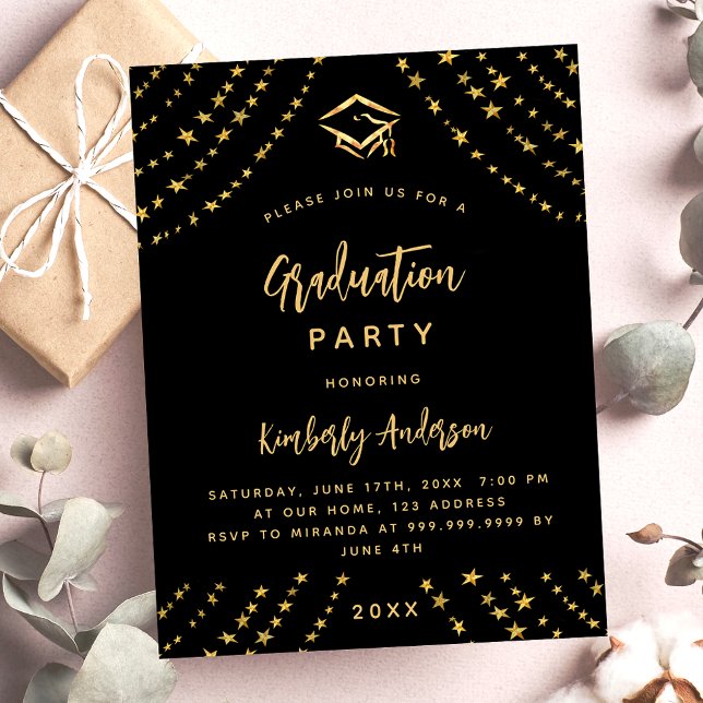 Papier Graduation partie or noir étoile budget invitation (Créateur téléchargé)
