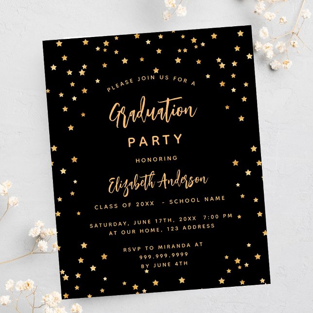 Papier Graduation partie or noir étoile budget invitation (Créateur téléchargé)