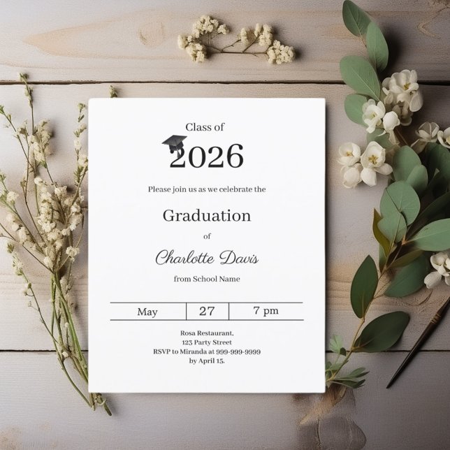Papier Graduation party black white class 2026 invitation (Créateur téléchargé)