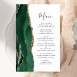 Papier Grand budget Emerald Green Gold Agate Mariage<br><div class="desc">Le bord gauche de cet élégant menu mariage moderne comporte une bordure d'aquarelle vert émeraude bordée d'une parties scintillant en faux or. Le texte personnalisable combine un script d'écriture manuscrite grise de fusain blanc et des polices de cuivre sur un arrière - plan blanc. L'envers est assorti d'une agate vert...</div>